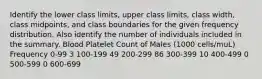 Identify the lower class​ limits, upper class​ limits, class​ width, class​ midpoints, and class boundaries for the given frequency distribution. Also identify the number of individuals included in the summary. Blood Platelet Count of Males ​(1000 ​cells/mu​L) Frequency 0​-99 3 100​-199 49 200​-299 86 300​-399 10 400​-499 0 500​-599 0 600​-699