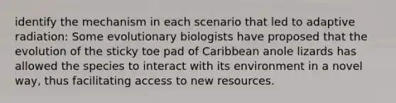 identify the mechanism in each scenario that led to adaptive radiation: Some evolutionary biologists have proposed that the evolution of the sticky toe pad of Caribbean anole lizards has allowed the species to interact with its environment in a novel way, thus facilitating access to new resources.