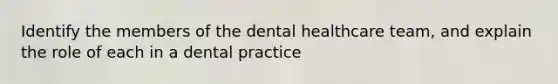 Identify the members of the dental healthcare team, and explain the role of each in a dental practice