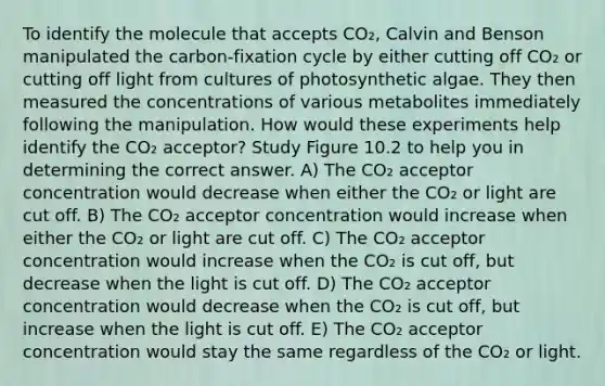 To identify the molecule that accepts CO₂, Calvin and Benson manipulated the carbon-fixation cycle by either cutting off CO₂ or cutting off light from cultures of photosynthetic algae. They then measured the concentrations of various metabolites immediately following the manipulation. How would these experiments help identify the CO₂ acceptor? Study Figure 10.2 to help you in determining the correct answer. A) The CO₂ acceptor concentration would decrease when either the CO₂ or light are cut off. B) The CO₂ acceptor concentration would increase when either the CO₂ or light are cut off. C) The CO₂ acceptor concentration would increase when the CO₂ is cut off, but decrease when the light is cut off. D) The CO₂ acceptor concentration would decrease when the CO₂ is cut off, but increase when the light is cut off. E) The CO₂ acceptor concentration would stay the same regardless of the CO₂ or light.