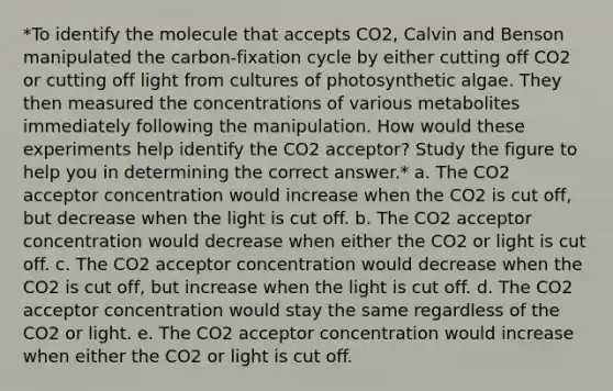 *To identify the molecule that accepts CO2, Calvin and Benson manipulated the carbon-fixation cycle by either cutting off CO2 or cutting off light from cultures of photosynthetic algae. They then measured the concentrations of various metabolites immediately following the manipulation. How would these experiments help identify the CO2 acceptor? Study the figure to help you in determining the correct answer.* a. The CO2 acceptor concentration would increase when the CO2 is cut off, but decrease when the light is cut off. b. The CO2 acceptor concentration would decrease when either the CO2 or light is cut off. c. The CO2 acceptor concentration would decrease when the CO2 is cut off, but increase when the light is cut off. d. The CO2 acceptor concentration would stay the same regardless of the CO2 or light. e. The CO2 acceptor concentration would increase when either the CO2 or light is cut off.