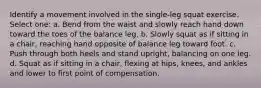 Identify a movement involved in the single-leg squat exercise. Select one: a. Bend from the waist and slowly reach hand down toward the toes of the balance leg. b. Slowly squat as if sitting in a chair, reaching hand opposite of balance leg toward foot. c. Push through both heels and stand upright, balancing on one leg. d. Squat as if sitting in a chair, flexing at hips, knees, and ankles and lower to first point of compensation.