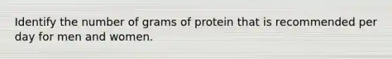 Identify the number of grams of protein that is recommended per day for men and women.