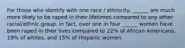 For those who identify with one race / ethnicity, ______ are much more likely to be raped in their lifetimes compared to any other racial/ethnic group. In fact, over one in four ______ women have been raped in their lives compared to 22% of African Americans, 19% of whites, and 15% of Hispanic women.