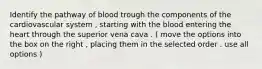 Identify the pathway of blood trough the components of the cardiovascular system , starting with the blood entering the heart through the superior vena cava . ( move the options into the box on the right , placing them in the selected order . use all options )