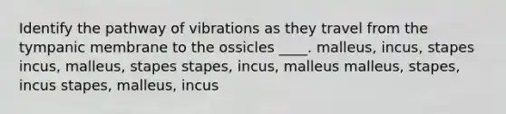 Identify the pathway of vibrations as they travel from the tympanic membrane to the ossicles ____. malleus, incus, stapes incus, malleus, stapes stapes, incus, malleus malleus, stapes, incus stapes, malleus, incus