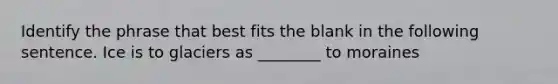 Identify the phrase that best fits the blank in the following sentence. Ice is to glaciers as ________ to moraines