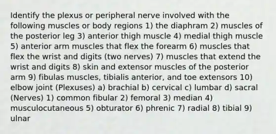 Identify the plexus or peripheral nerve involved with the following muscles or body regions 1) the diaphram 2) muscles of the posterior leg 3) anterior thigh muscle 4) medial thigh muscle 5) anterior arm muscles that flex the forearm 6) muscles that flex the wrist and digits (two nerves) 7) muscles that extend the wrist and digits 8) skin and extensor muscles of the posterior arm 9) fibulas muscles, tibialis anterior, and toe extensors 10) elbow joint (Plexuses) a) brachial b) cervical c) lumbar d) sacral (Nerves) 1) common fibular 2) femoral 3) median 4) musculocutaneous 5) obturator 6) phrenic 7) radial 8) tibial 9) ulnar