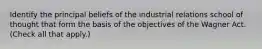 Identify the principal beliefs of the industrial relations school of thought that form the basis of the objectives of the Wagner Act. (Check all that apply.)