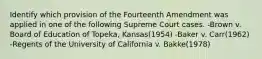 Identify which provision of the Fourteenth Amendment was applied in one of the following Supreme Court cases. -Brown v. Board of Education of Topeka, Kansas(1954) -Baker v. Carr(1962) -Regents of the University of California v. Bakke(1978)