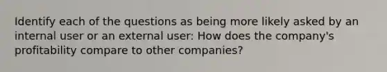 Identify each of the questions as being more likely asked by an internal user or an external user: How does the company's profitability compare to other companies?