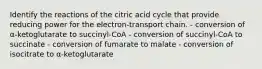 Identify the reactions of the citric acid cycle that provide reducing power for the electron‑transport chain. - conversion of α‑ketoglutarate to succinyl‑CoA - conversion of succinyl‑CoA to succinate - conversion of fumarate to malate - conversion of isocitrate to α‑ketoglutarate