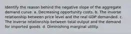 Identify the reason behind the negative slope of the aggregate demand curve. a. Decreasing opportunity costs. b. The inverse relationship between price level and the real GDP demanded. c. The inverse relationship between total output and the demand for imported goods. d. Diminishing marginal utility.