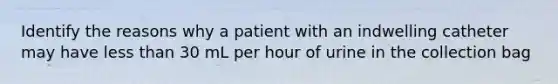 Identify the reasons why a patient with an indwelling catheter may have less than 30 mL per hour of urine in the collection bag