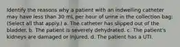 Identify the reasons why a patient with an indwelling catheter may have less than 30 mL per hour of urine in the collection bag: (Select all that apply.) a. The catheter has slipped out of the bladder. b. The patient is severely dehydrated. c. The patient's kidneys are damaged or injured. d. The patient has a UTI.