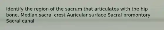 Identify the region of the sacrum that articulates with the hip bone. Median sacral crest Auricular surface Sacral promontory Sacral canal