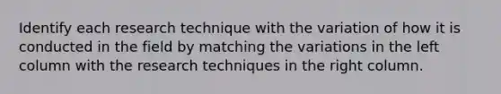 Identify each research technique with the variation of how it is conducted in the field by matching the variations in the left column with the research techniques in the right column.