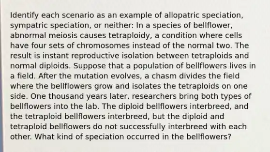 Identify each scenario as an example of allopatric speciation, sympatric speciation, or neither: In a species of bellflower, abnormal meiosis causes tetraploidy, a condition where cells have four sets of chromosomes instead of the normal two. The result is instant reproductive isolation between tetraploids and normal diploids. Suppose that a population of bellflowers lives in a field. After the mutation evolves, a chasm divides the field where the bellflowers grow and isolates the tetraploids on one side. One thousand years later, researchers bring both types of bellflowers into the lab. The diploid bellflowers interbreed, and the tetraploid bellflowers interbreed, but the diploid and tetraploid bellflowers do not successfully interbreed with each other. What kind of speciation occurred in the bellflowers?