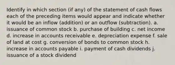 Identify in which section (if any) of the statement of cash flows each of the preceding items would appear and indicate whether it would be an inflow (addition) or an outflow (subtraction). a. issuance of common stock b. purchase of building c. net income d. increase in accounts receivable e. depreciation expense f. sale of land at cost g. conversion of bonds to common stock h. increase in accounts payable i. payment of cash dividends j. issuance of a stock dividend