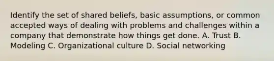 Identify the set of shared beliefs, basic assumptions, or common accepted ways of dealing with problems and challenges within a company that demonstrate how things get done. A. Trust B. Modeling C. Organizational culture D. Social networking