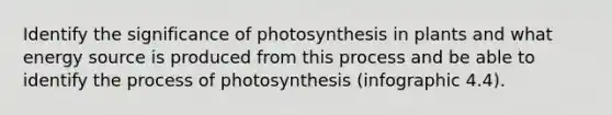 Identify the significance of photosynthesis in plants and what energy source is produced from this process and be able to identify the process of photosynthesis (infographic 4.4).