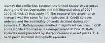 Identify the similarities between the United​ States' experiences during the Great Depression and the financial crisis of​ 2007-2009. ​(Check all that​ apply.) A. The source of the asset−price increase was the same for both episodes. B. Credit spreads widened and the availability of credit declined during both episodes. C. Both episodes resulted in significant declines in GDP and a significant increase in unemployment of 25%. D. Both episodes were preceded by sharp increases in asset prices. E. A bank panic occurred during both episodes.