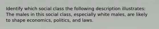 Identify which social class the following description illustrates: The males in this social class, especially white males, are likely to shape economics, politics, and laws.