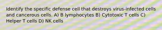 Identify the specific defense cell that destroys virus-infected cells and cancerous cells. A) B lymphocytes B) Cytotoxic T cells C) Helper T cells D) NK cells