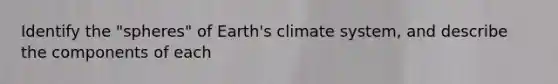 Identify the "spheres" of Earth's climate system, and describe the components of each