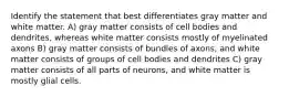 Identify the statement that best differentiates gray matter and white matter. A) gray matter consists of cell bodies and dendrites, whereas white matter consists mostly of myelinated axons B) gray matter consists of bundles of axons, and white matter consists of groups of cell bodies and dendrites C) gray matter consists of all parts of neurons, and white matter is mostly glial cells.