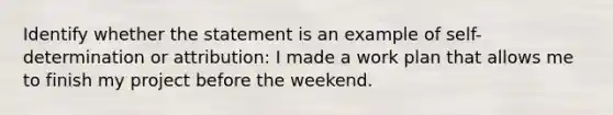 Identify whether the statement is an example of self-determination or attribution: I made a work plan that allows me to finish my project before the weekend.