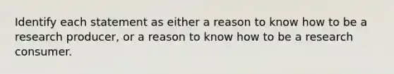 Identify each statement as either a reason to know how to be a research producer, or a reason to know how to be a research consumer.