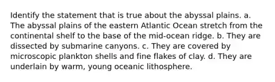 Identify the statement that is true about the abyssal plains. a. The abyssal plains of the eastern Atlantic Ocean stretch from the continental shelf to the base of the mid-ocean ridge. b. They are dissected by submarine canyons. c. They are covered by microscopic plankton shells and fine flakes of clay. d. They are underlain by warm, young oceanic lithosphere.