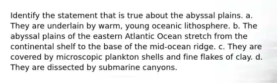 Identify the statement that is true about the abyssal plains. a. They are underlain by warm, young oceanic lithosphere. b. The abyssal plains of the eastern Atlantic Ocean stretch from the continental shelf to the base of the mid-ocean ridge. c. They are covered by microscopic plankton shells and fine flakes of clay. d. They are dissected by submarine canyons.