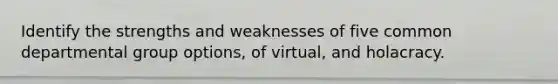 Identify the strengths and weaknesses of five common departmental group options, of virtual, and holacracy.