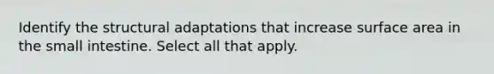 Identify the structural adaptations that increase surface area in <a href='https://www.questionai.com/knowledge/kt623fh5xn-the-small-intestine' class='anchor-knowledge'>the small intestine</a>. Select all that apply.