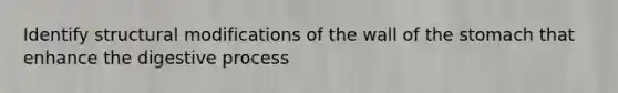 Identify structural modifications of the wall of <a href='https://www.questionai.com/knowledge/kLccSGjkt8-the-stomach' class='anchor-knowledge'>the stomach</a> that enhance the digestive process