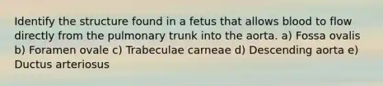 Identify the structure found in a fetus that allows blood to flow directly from the pulmonary trunk into the aorta. a) Fossa ovalis b) Foramen ovale c) Trabeculae carneae d) Descending aorta e) Ductus arteriosus