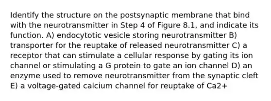 Identify the structure on the postsynaptic membrane that bind with the neurotransmitter in Step 4 of Figure 8.1, and indicate its function. A) endocytotic vesicle storing neurotransmitter B) transporter for the reuptake of released neurotransmitter C) a receptor that can stimulate a cellular response by gating its ion channel or stimulating a G protein to gate an ion channel D) an enzyme used to remove neurotransmitter from the synaptic cleft E) a voltage-gated calcium channel for reuptake of Ca2+