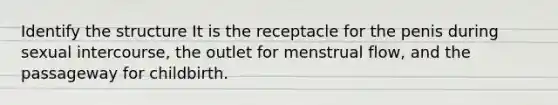 Identify the structure It is the receptacle for the penis during sexual intercourse, the outlet for menstrual flow, and the passageway for childbirth.