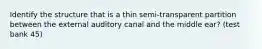 Identify the structure that is a thin semi-transparent partition between the external auditory canal and the middle ear? (test bank 45)