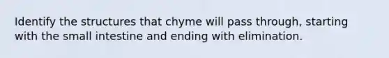 Identify the structures that chyme will pass through, starting with the small intestine and ending with elimination.