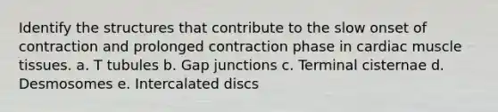 Identify the structures that contribute to the slow onset of contraction and prolonged contraction phase in cardiac muscle tissues. a. T tubules b. Gap junctions c. Terminal cisternae d. Desmosomes e. Intercalated discs