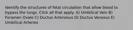 Identify the structures of fetal circulation that allow blood to bypass the lungs. Click all that apply. A) Umbilical Vein B) Foramen Ovale C) Ductus Arteriosus D) Ductus Venosus E) Umbilical Arteries