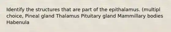 Identify the structures that are part of the epithalamus. (multipl choice, Pineal gland Thalamus Pituitary gland Mammillary bodies Habenula