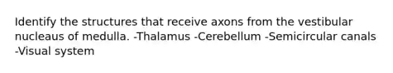 Identify the structures that receive axons from the vestibular nucleaus of medulla. -Thalamus -Cerebellum -Semicircular canals -Visual system