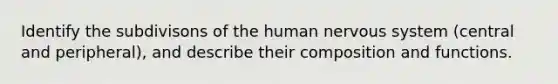 Identify the subdivisons of the human <a href='https://www.questionai.com/knowledge/kThdVqrsqy-nervous-system' class='anchor-knowledge'>nervous system</a> (central and peripheral), and describe their composition and functions.