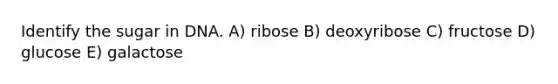 Identify the sugar in DNA. A) ribose B) deoxyribose C) fructose D) glucose E) galactose