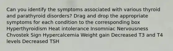 Can you identify the symptoms associated with various thyroid and parathyroid disorders? Drag and drop the appropriate symptoms for each condition to the corresponding box Hyperthyroidism Heat intolerance Insomniac Nervousness Chvostek Sign Hypercalcemia Weight gain Decreased T3 and T4 levels Decreased TSH