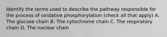 Identify the terms used to describe the pathway responsible for the process of oxidative phosphorylation (check all that apply) A. The glucose chain B. The cytochrome chain C. The respiratory chain D. The nuclear chain